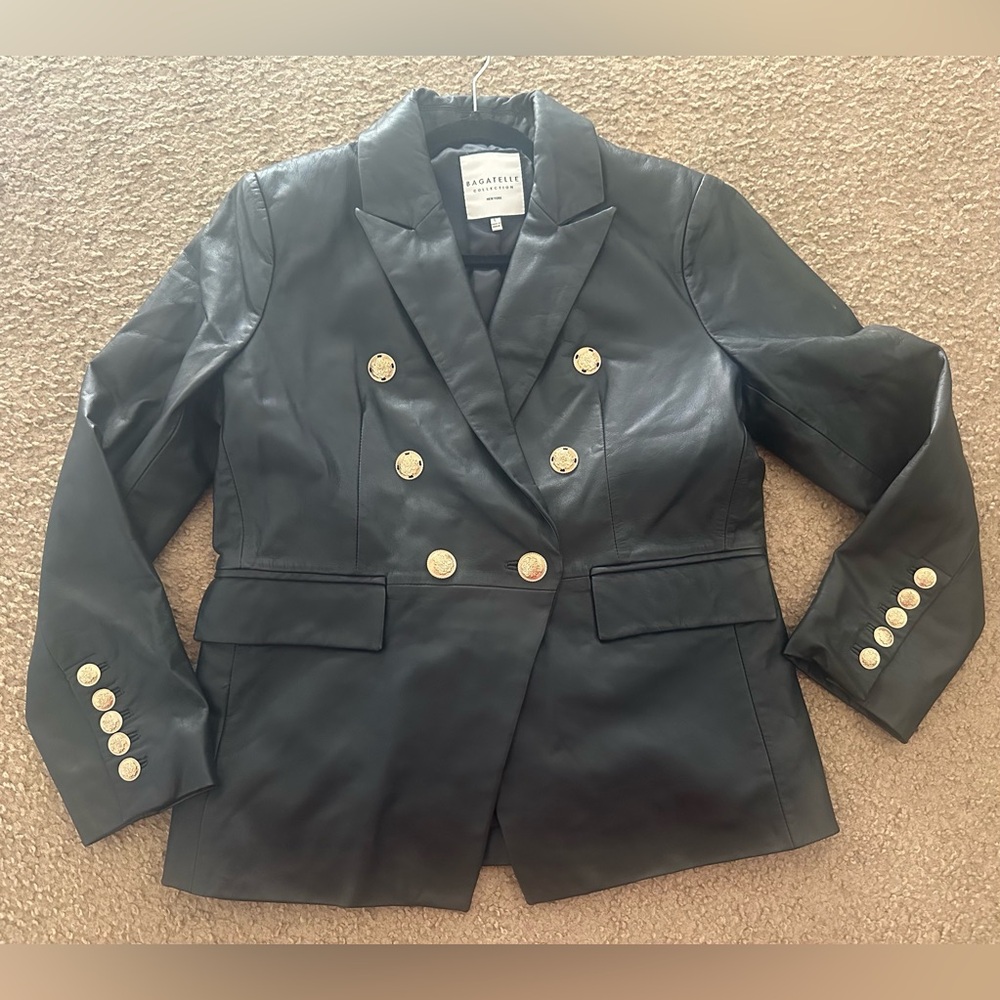 bagatelle Black Double-Breasted 💯 Genuine Leather Blazer with Gold Buttons SizeL